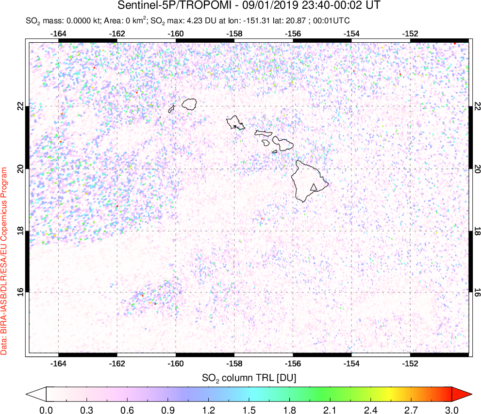 A sulfur dioxide image over Hawaii, USA on Sep 01, 2019.