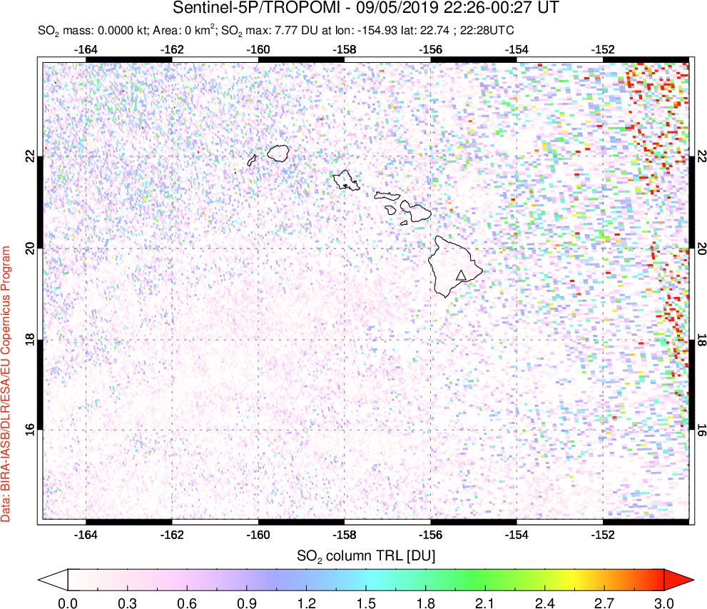 A sulfur dioxide image over Hawaii, USA on Sep 05, 2019.