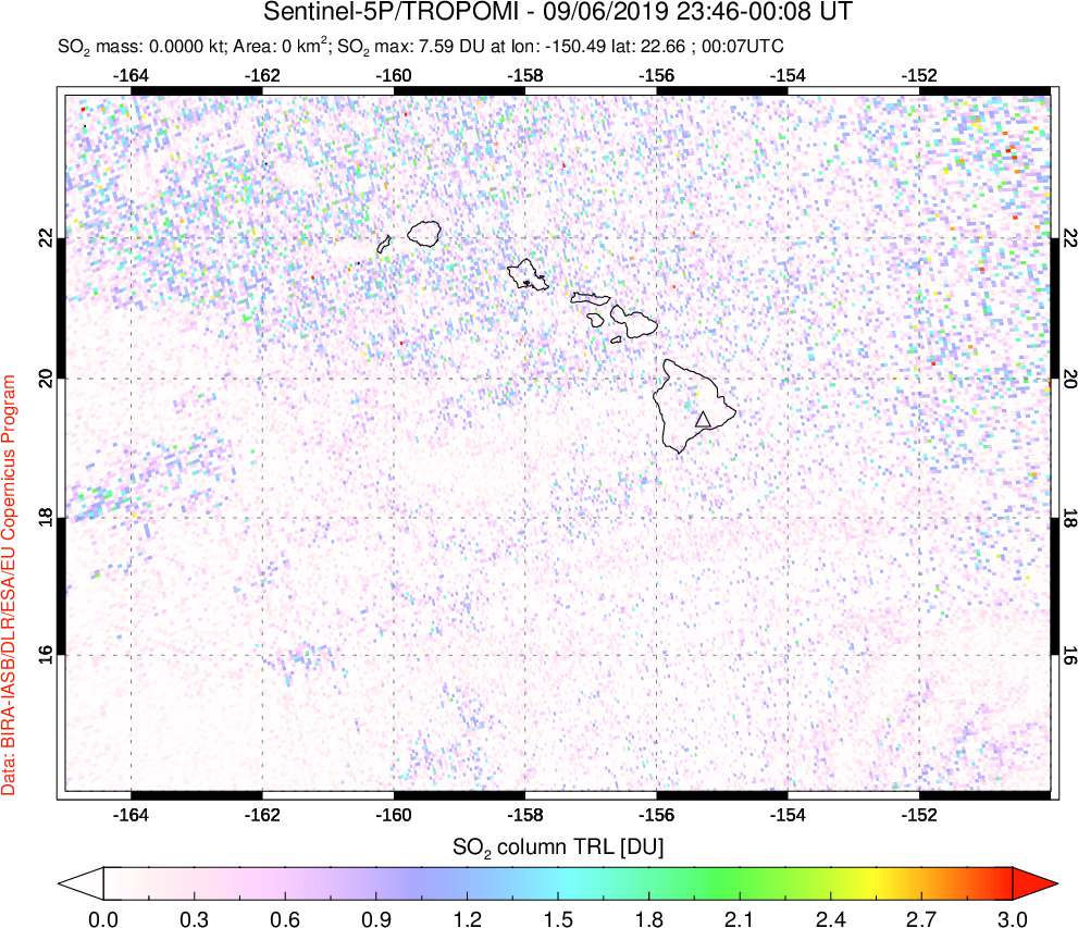 A sulfur dioxide image over Hawaii, USA on Sep 06, 2019.