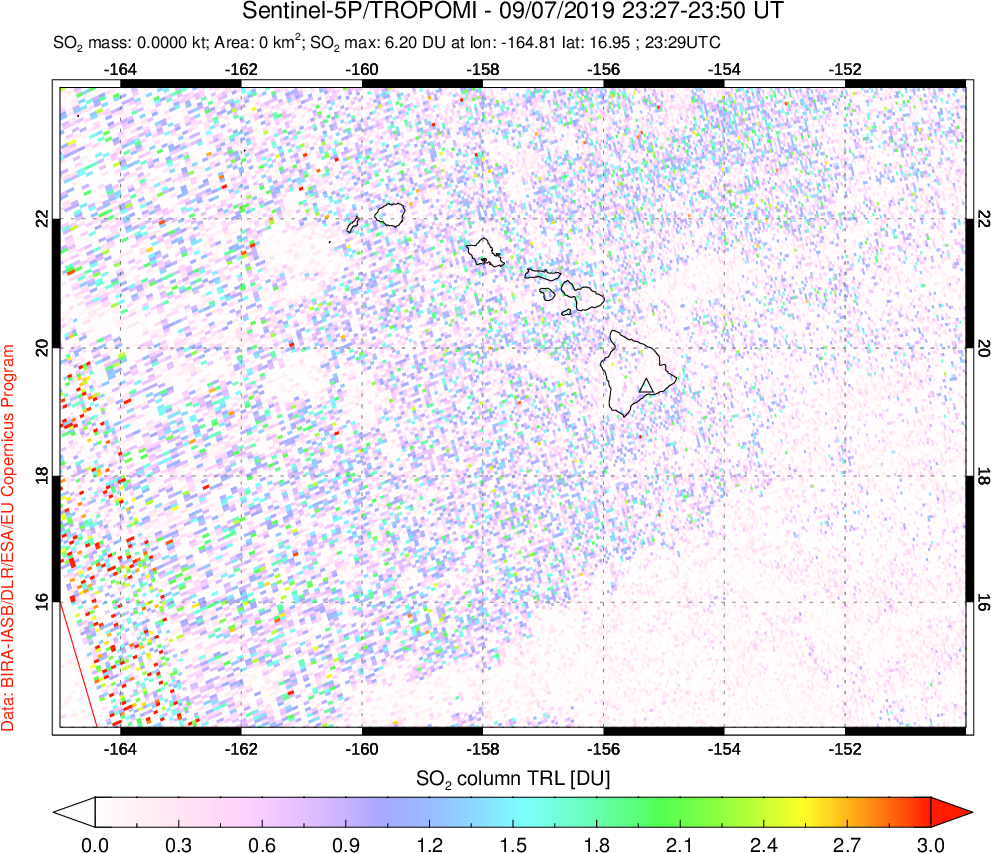 A sulfur dioxide image over Hawaii, USA on Sep 07, 2019.