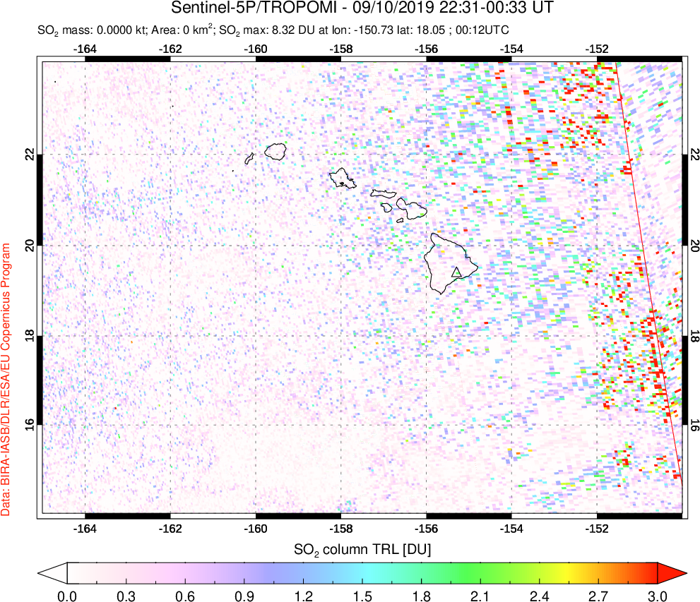 A sulfur dioxide image over Hawaii, USA on Sep 10, 2019.