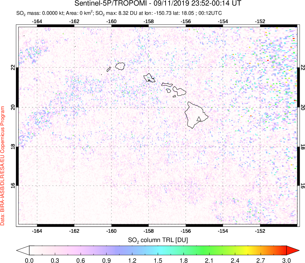 A sulfur dioxide image over Hawaii, USA on Sep 11, 2019.