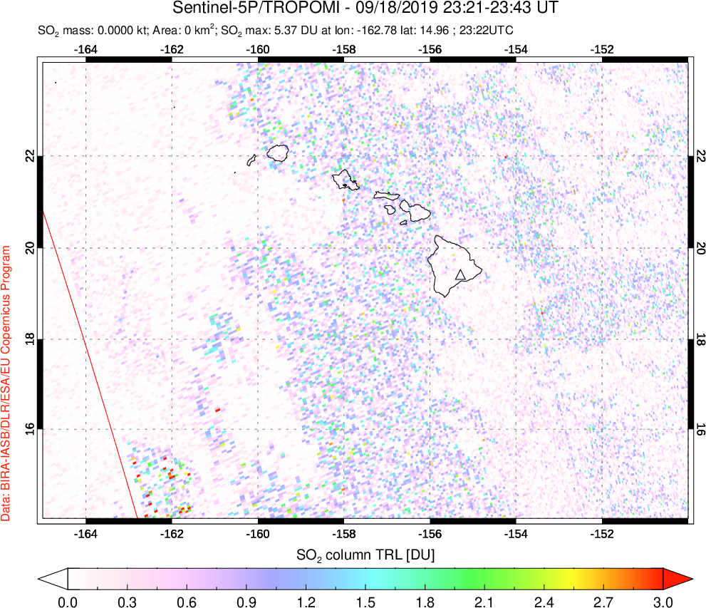 A sulfur dioxide image over Hawaii, USA on Sep 18, 2019.