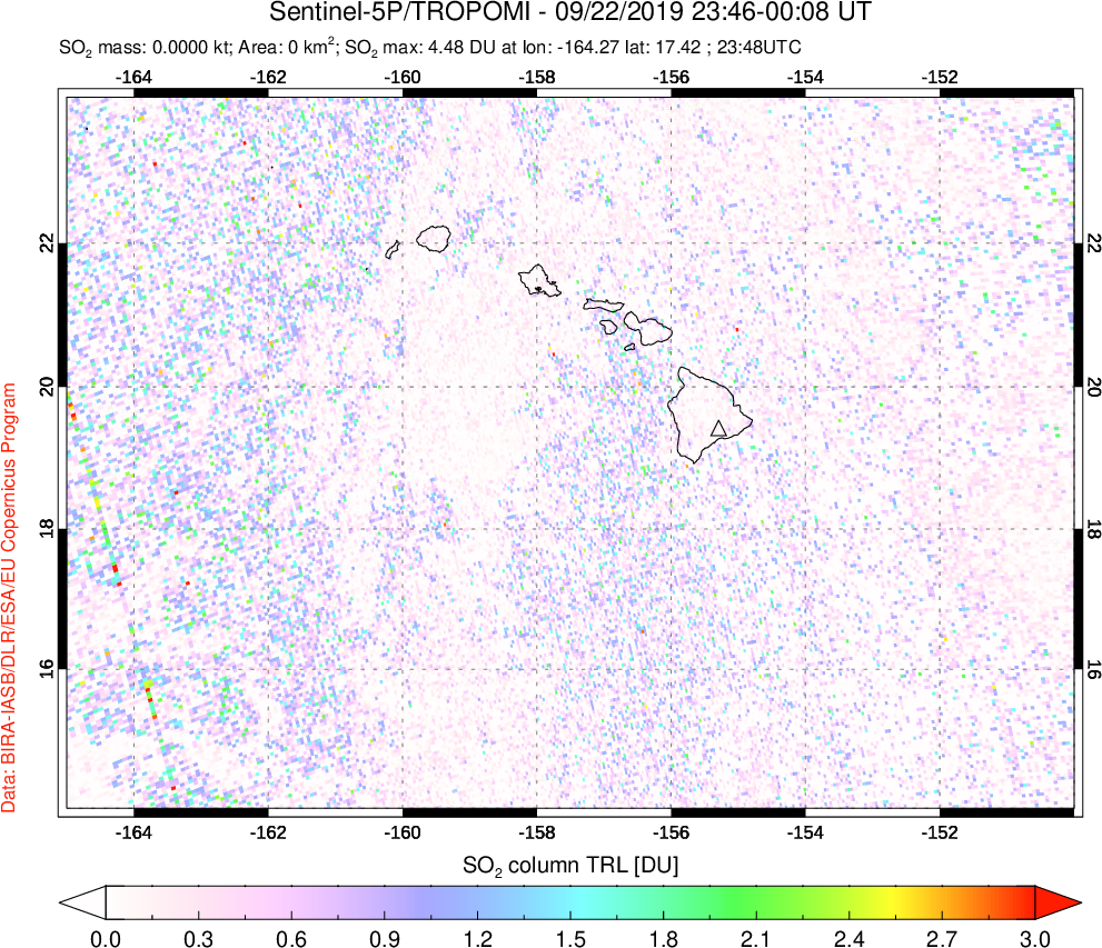 A sulfur dioxide image over Hawaii, USA on Sep 22, 2019.