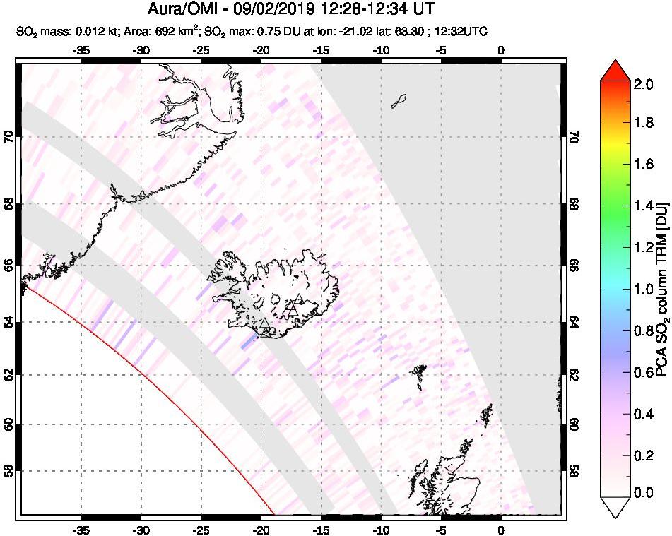 A sulfur dioxide image over Iceland on Sep 02, 2019.