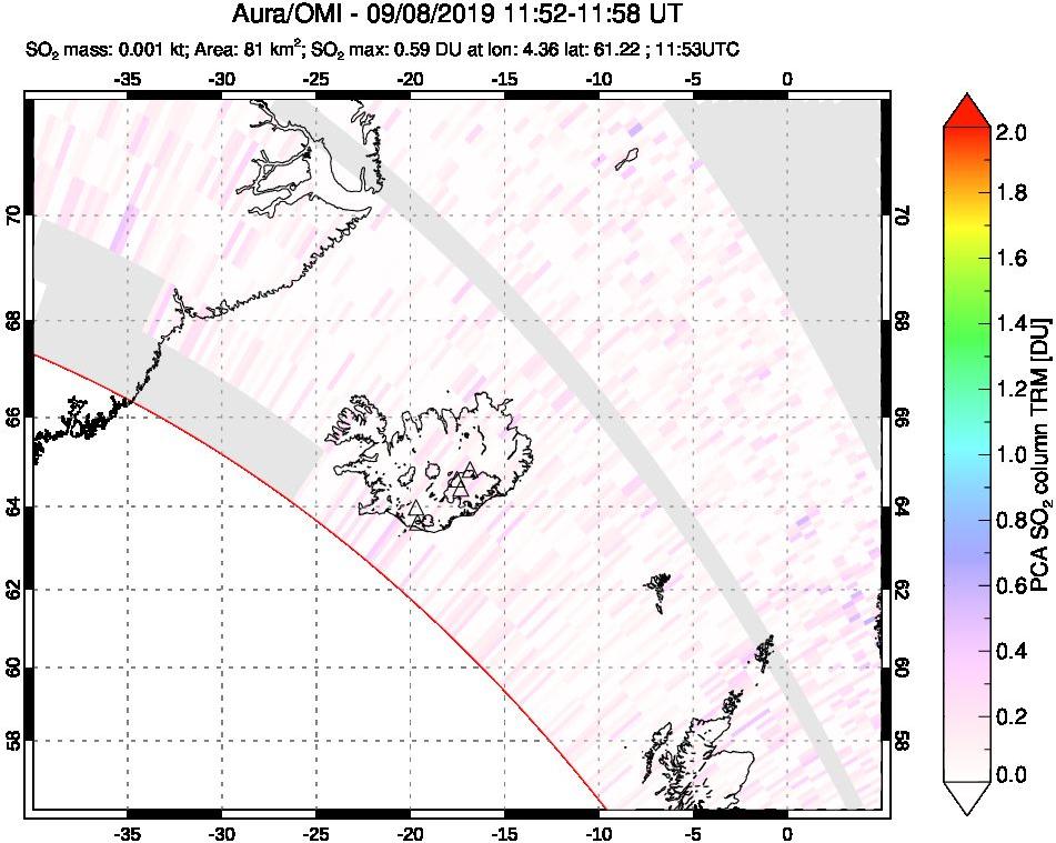 A sulfur dioxide image over Iceland on Sep 08, 2019.