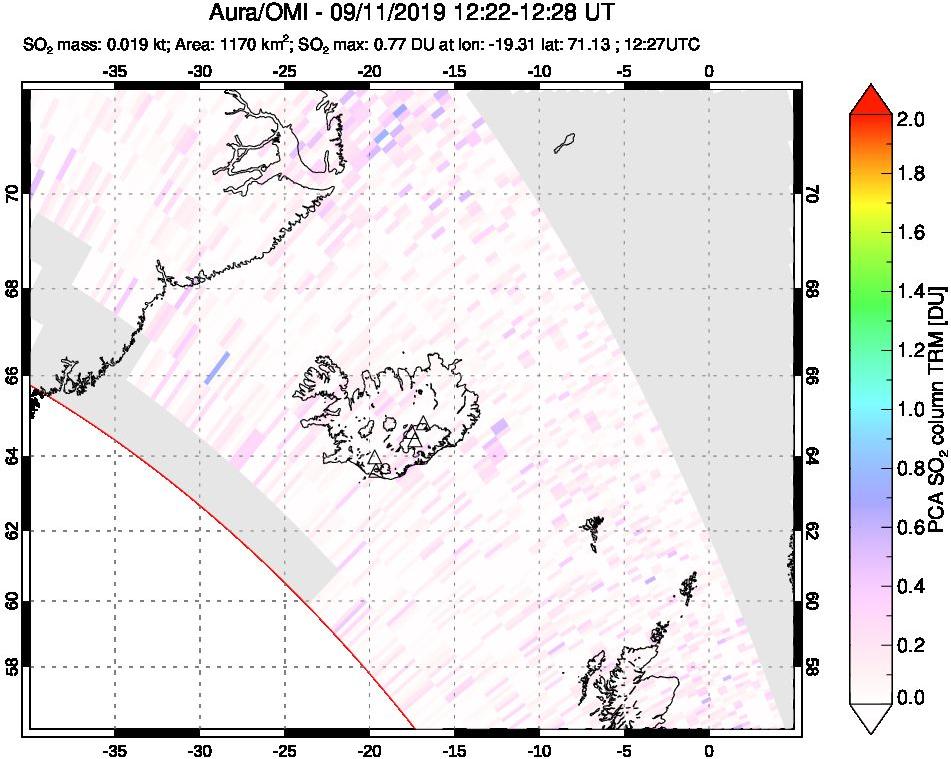 A sulfur dioxide image over Iceland on Sep 11, 2019.