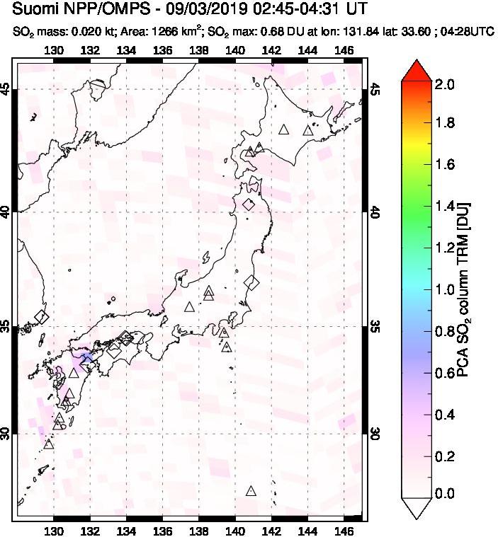 A sulfur dioxide image over Japan on Sep 03, 2019.