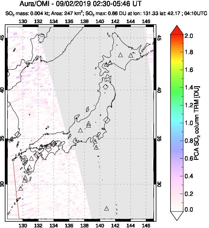 A sulfur dioxide image over Japan on Sep 02, 2019.