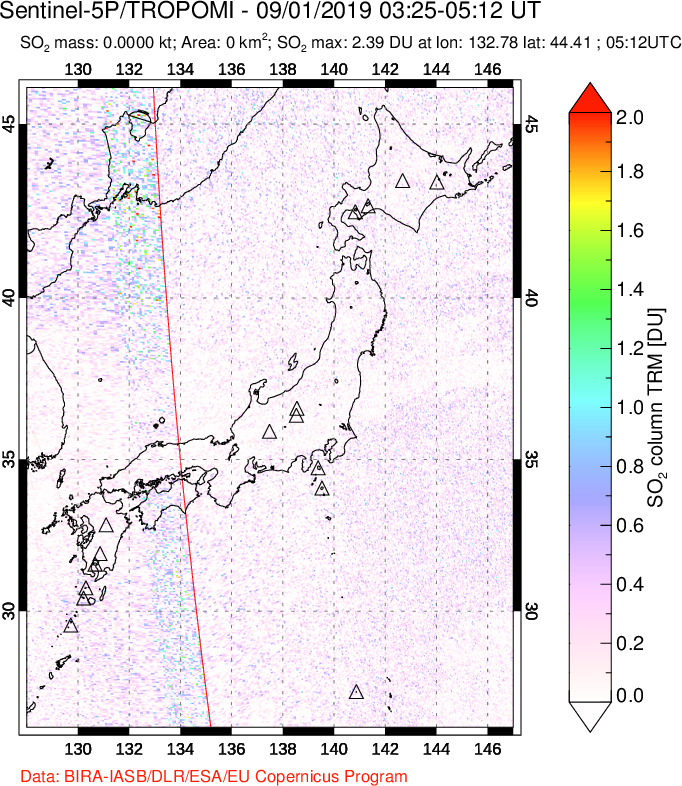 A sulfur dioxide image over Japan on Sep 01, 2019.
