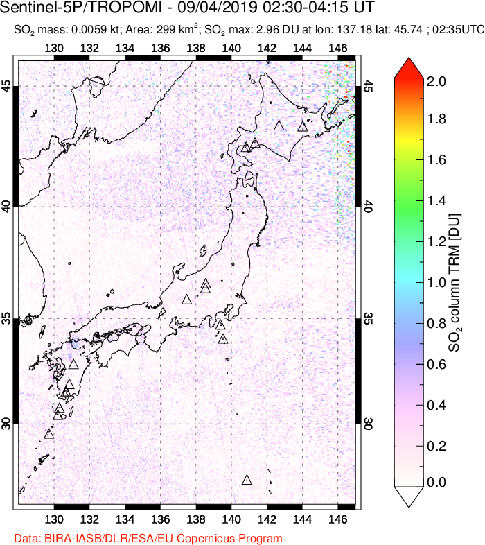 A sulfur dioxide image over Japan on Sep 04, 2019.