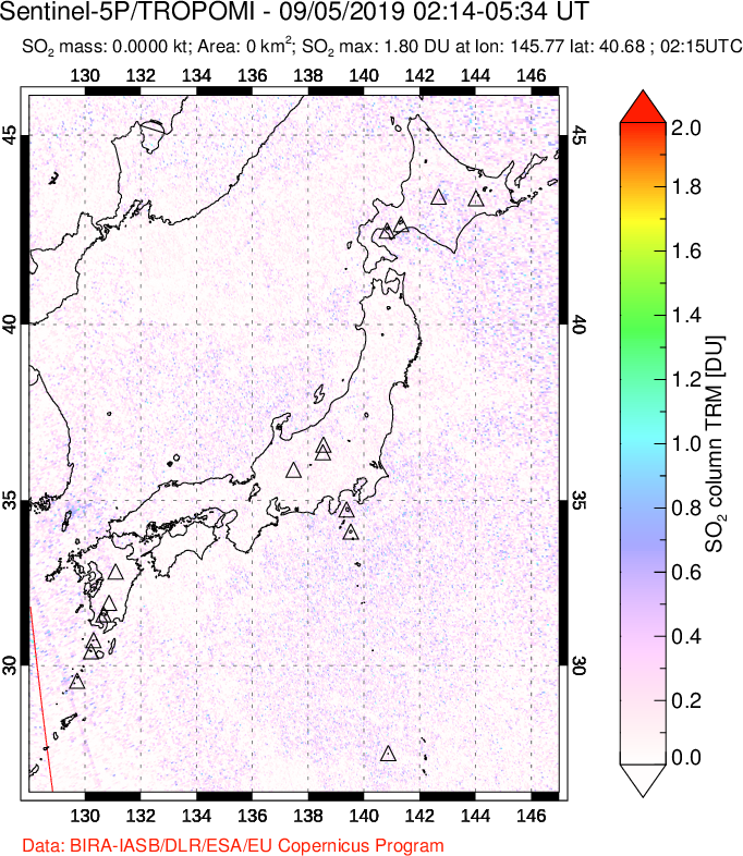 A sulfur dioxide image over Japan on Sep 05, 2019.