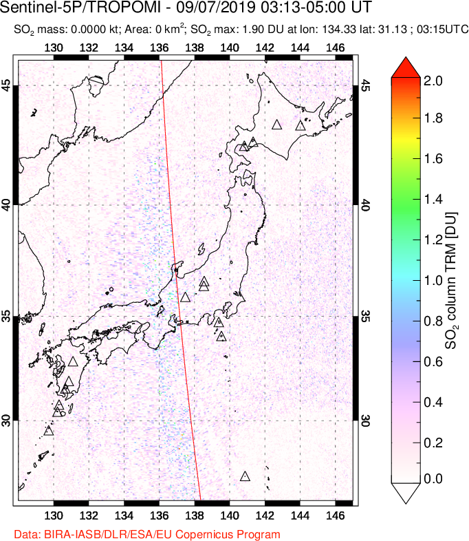 A sulfur dioxide image over Japan on Sep 07, 2019.