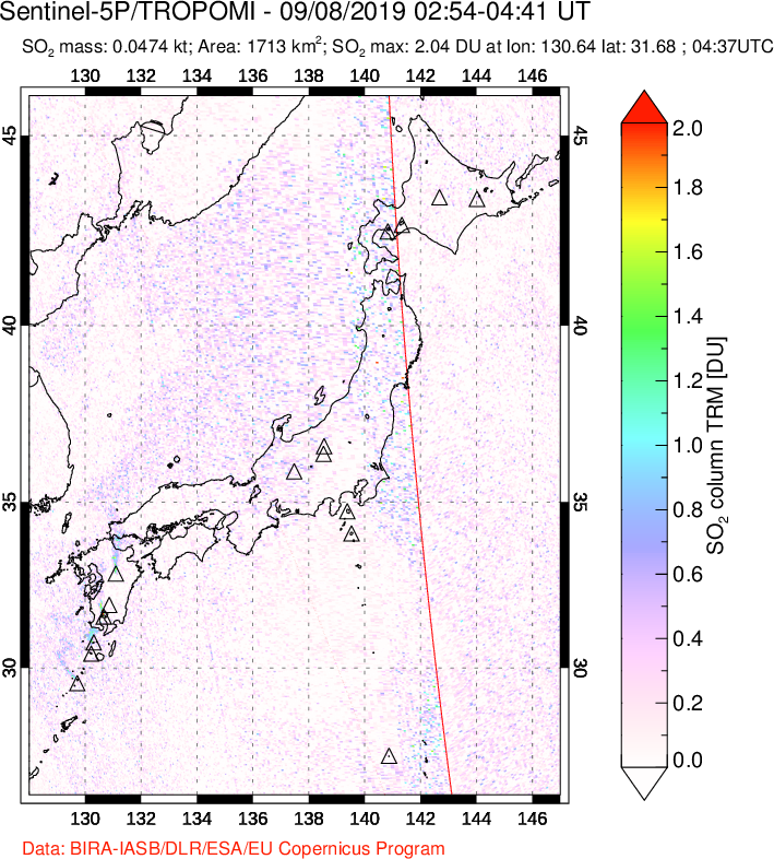 A sulfur dioxide image over Japan on Sep 08, 2019.