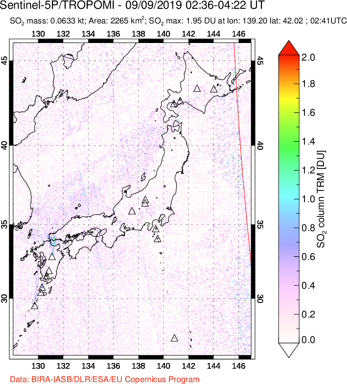 A sulfur dioxide image over Japan on Sep 09, 2019.
