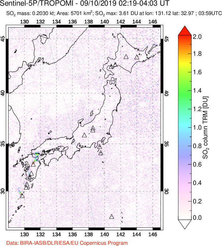 A sulfur dioxide image over Japan on Sep 10, 2019.