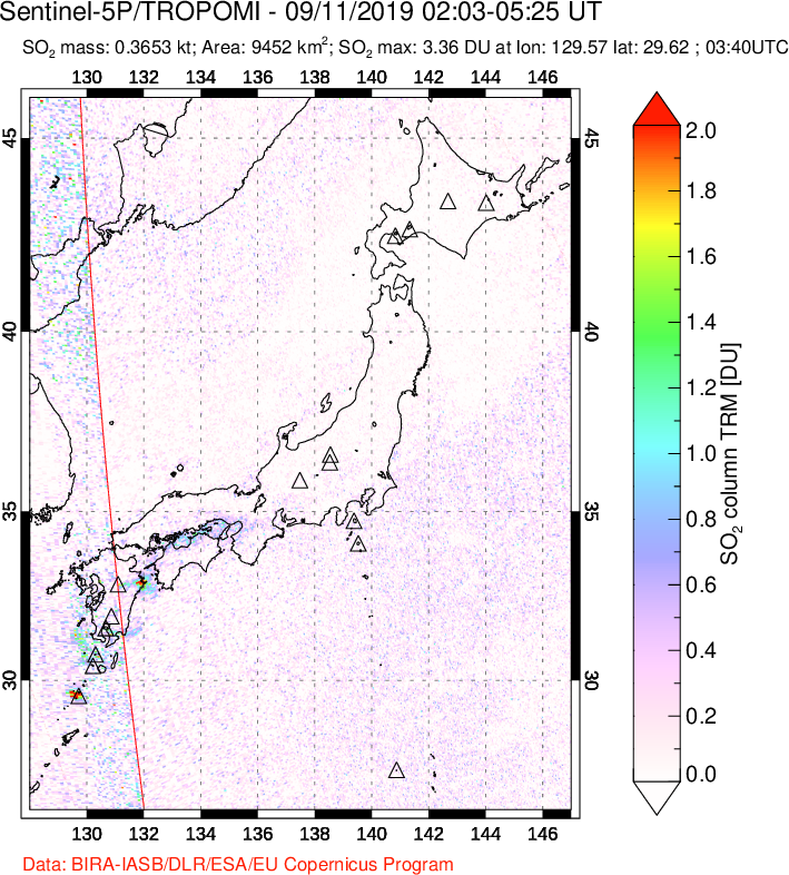 A sulfur dioxide image over Japan on Sep 11, 2019.