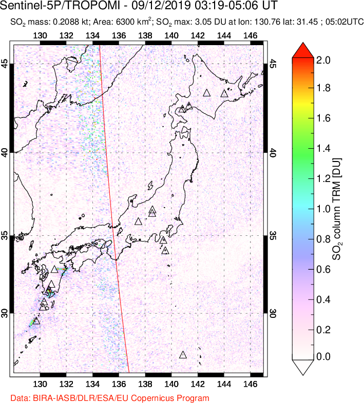 A sulfur dioxide image over Japan on Sep 12, 2019.