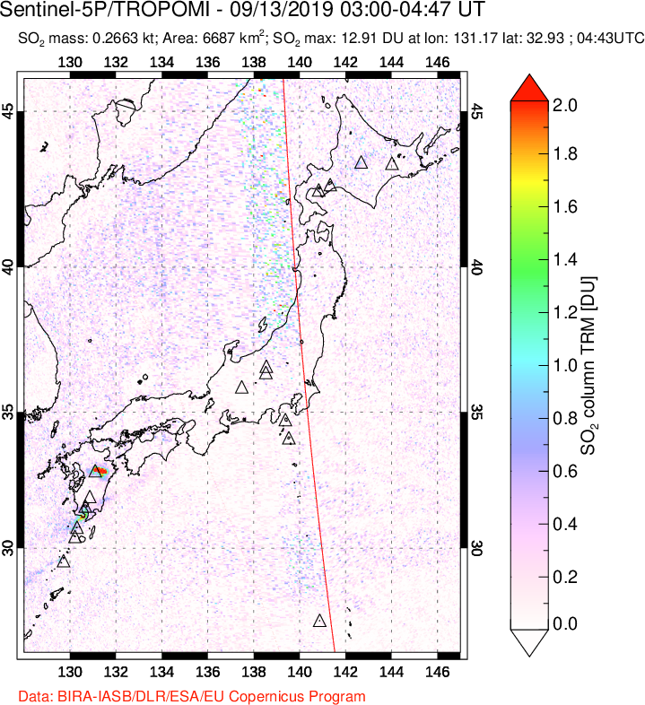 A sulfur dioxide image over Japan on Sep 13, 2019.