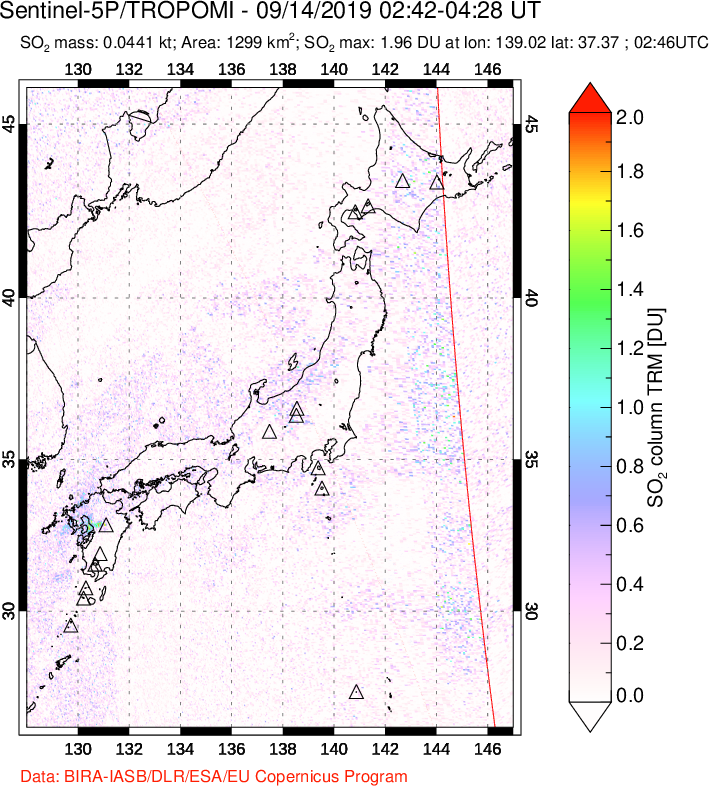 A sulfur dioxide image over Japan on Sep 14, 2019.