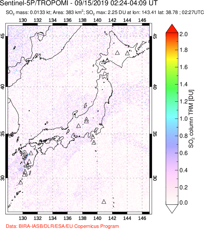 A sulfur dioxide image over Japan on Sep 15, 2019.