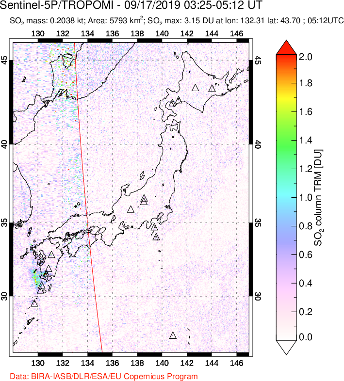 A sulfur dioxide image over Japan on Sep 17, 2019.