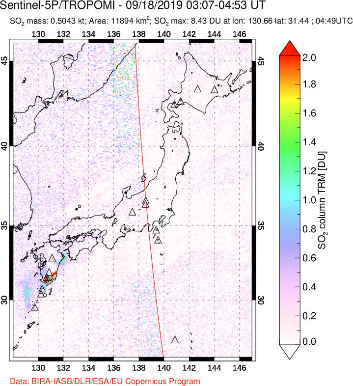 A sulfur dioxide image over Japan on Sep 18, 2019.