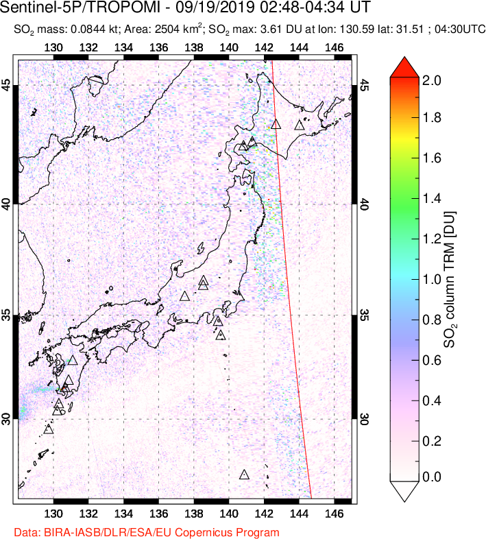 A sulfur dioxide image over Japan on Sep 19, 2019.