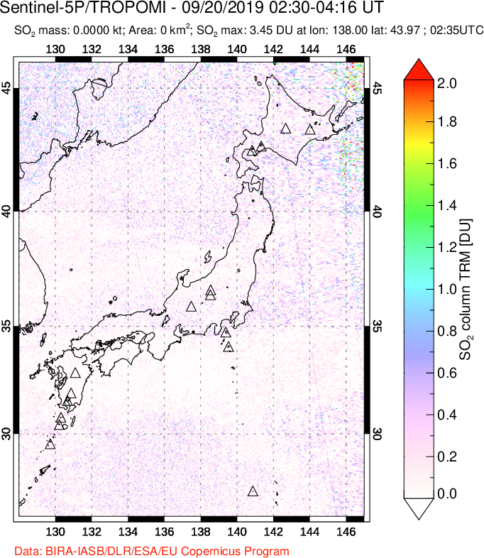 A sulfur dioxide image over Japan on Sep 20, 2019.