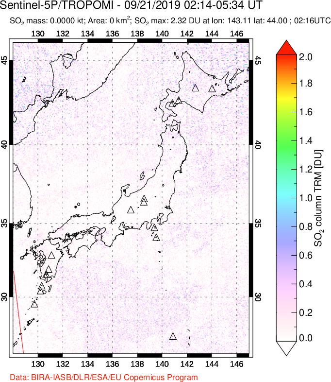 A sulfur dioxide image over Japan on Sep 21, 2019.