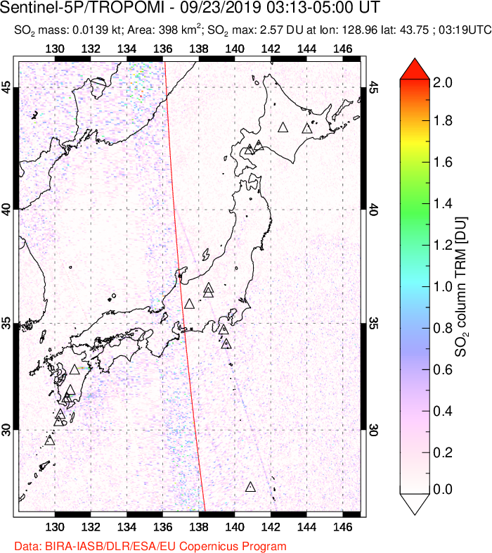 A sulfur dioxide image over Japan on Sep 23, 2019.