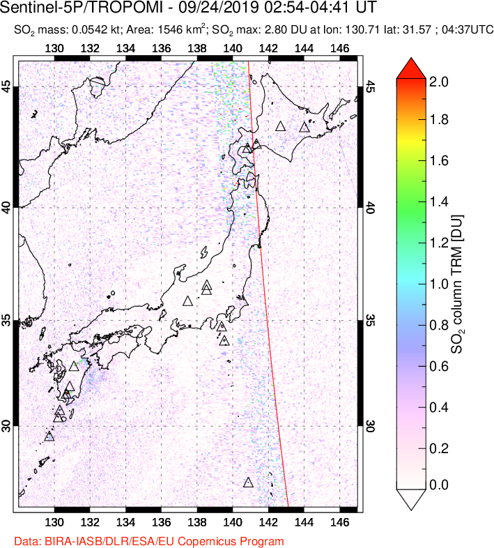 A sulfur dioxide image over Japan on Sep 24, 2019.