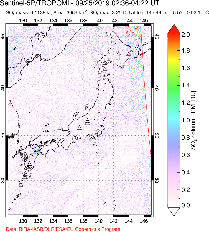 A sulfur dioxide image over Japan on Sep 25, 2019.