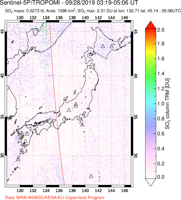 A sulfur dioxide image over Japan on Sep 28, 2019.