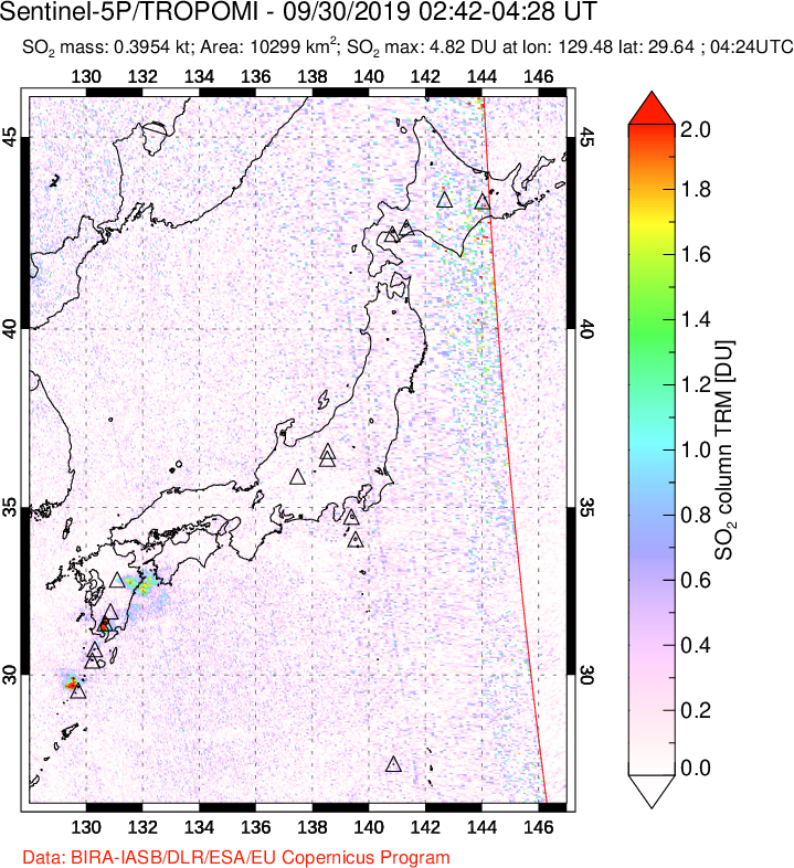 A sulfur dioxide image over Japan on Sep 30, 2019.