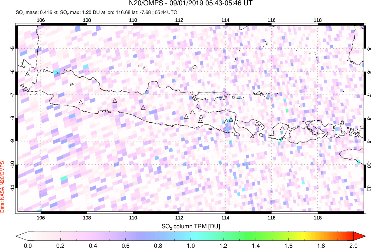 A sulfur dioxide image over Java, Indonesia on Sep 01, 2019.
