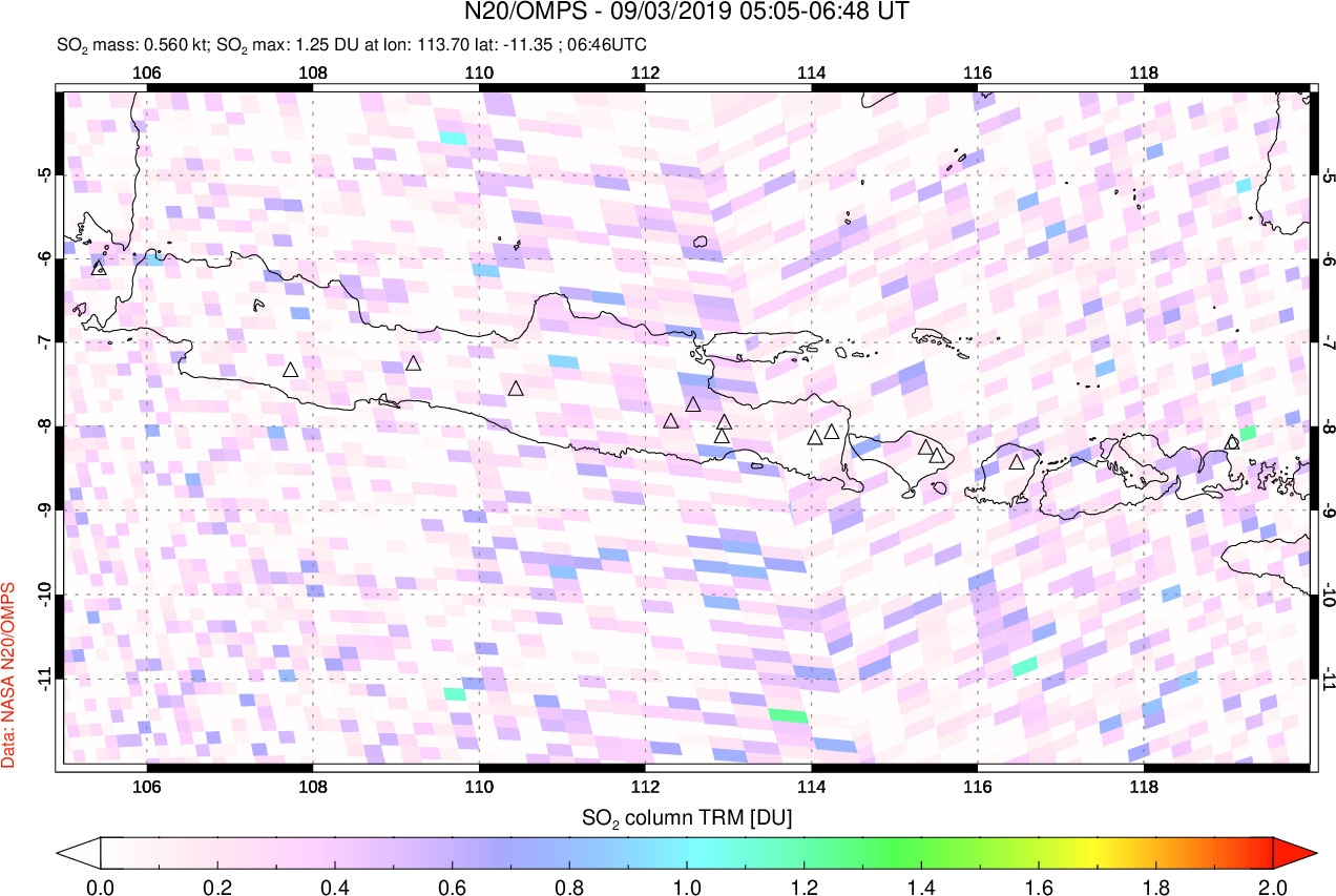 A sulfur dioxide image over Java, Indonesia on Sep 03, 2019.