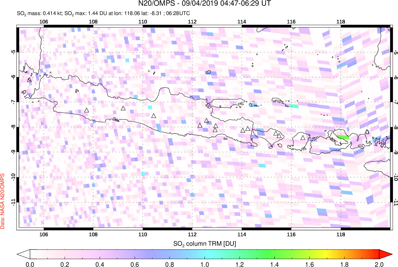 A sulfur dioxide image over Java, Indonesia on Sep 04, 2019.