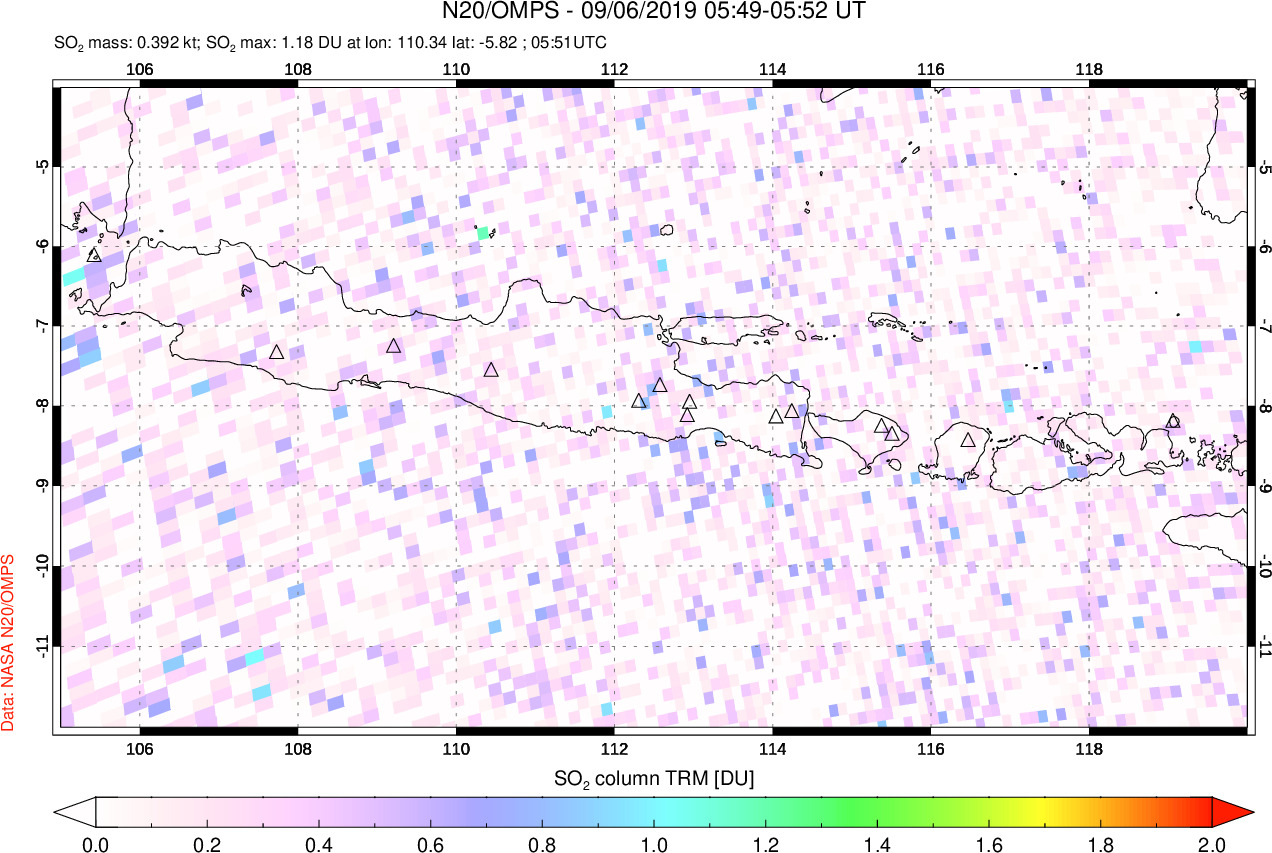 A sulfur dioxide image over Java, Indonesia on Sep 06, 2019.