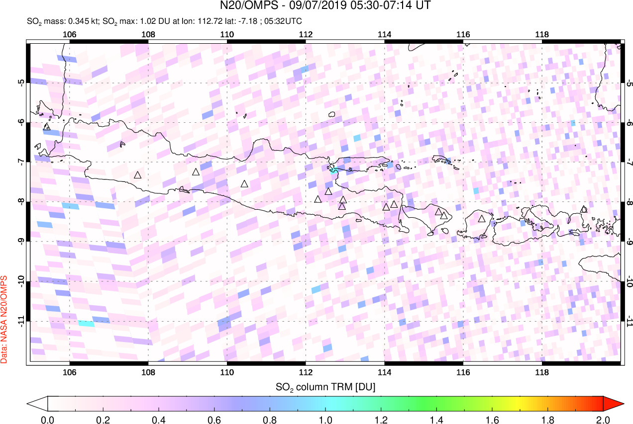 A sulfur dioxide image over Java, Indonesia on Sep 07, 2019.