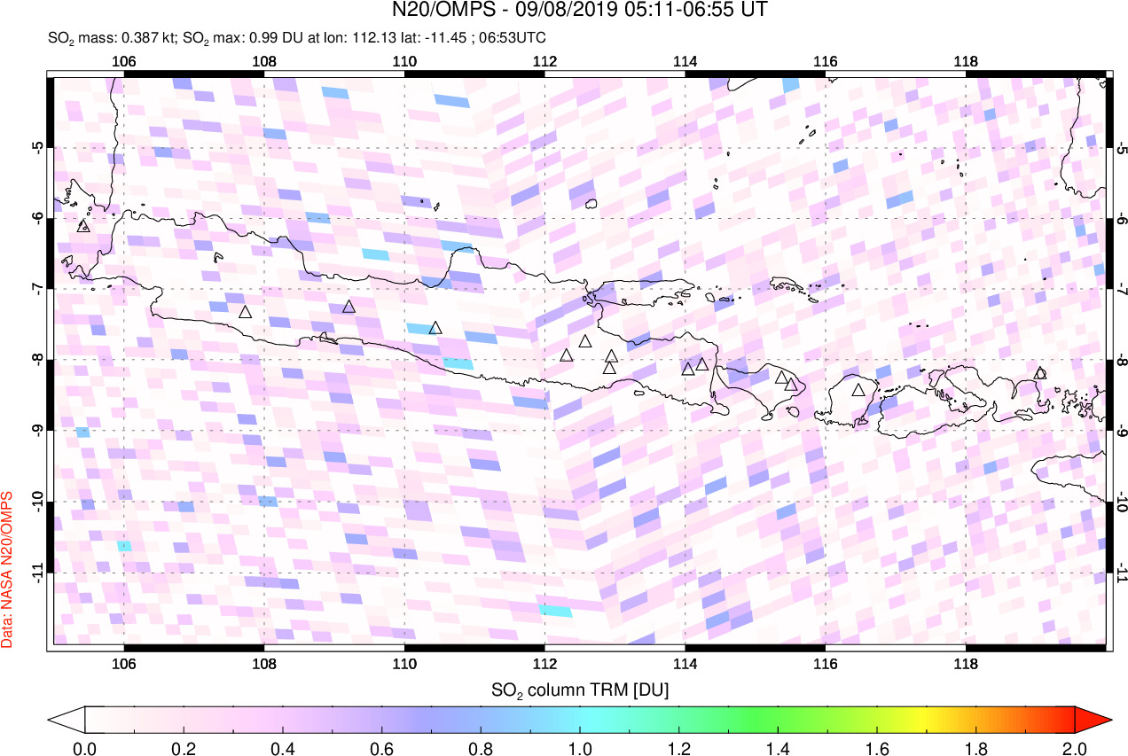 A sulfur dioxide image over Java, Indonesia on Sep 08, 2019.