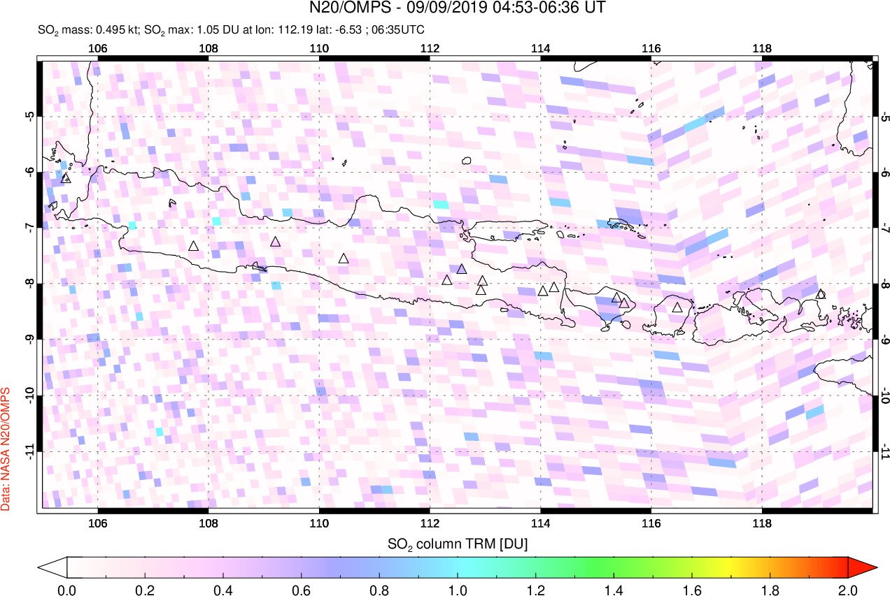 A sulfur dioxide image over Java, Indonesia on Sep 09, 2019.