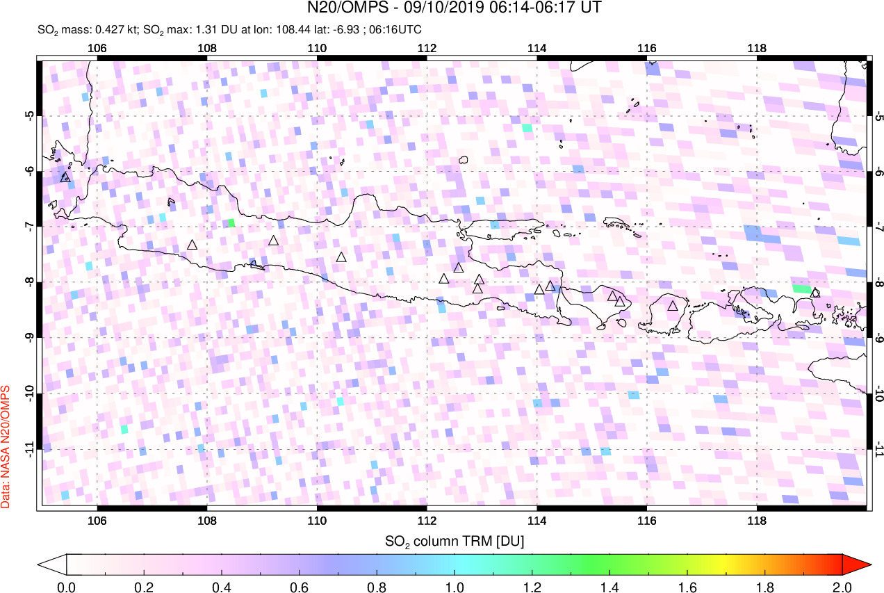 A sulfur dioxide image over Java, Indonesia on Sep 10, 2019.