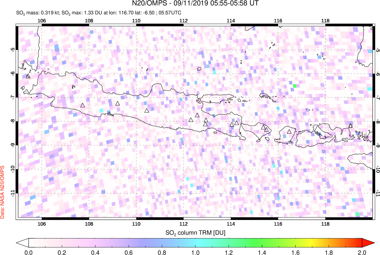 A sulfur dioxide image over Java, Indonesia on Sep 11, 2019.