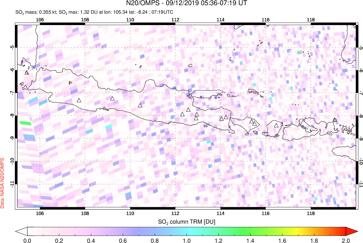 A sulfur dioxide image over Java, Indonesia on Sep 12, 2019.