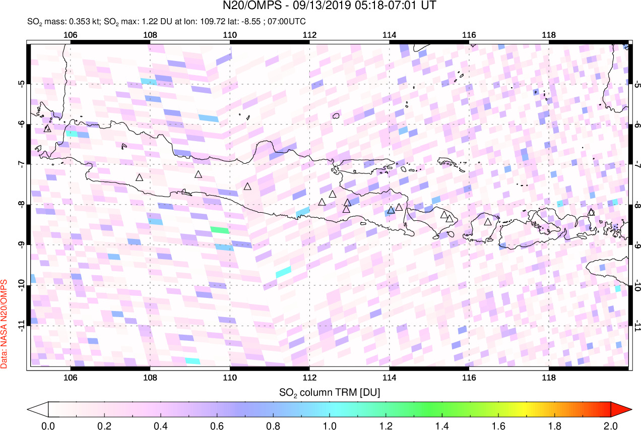 A sulfur dioxide image over Java, Indonesia on Sep 13, 2019.