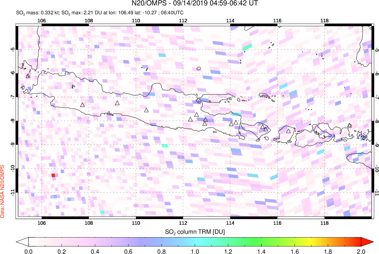 A sulfur dioxide image over Java, Indonesia on Sep 14, 2019.