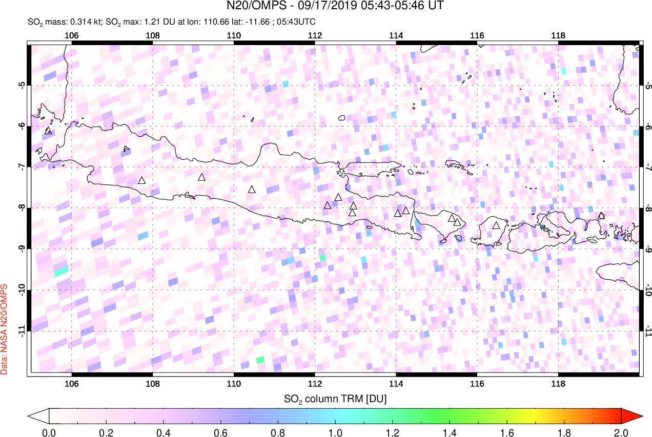 A sulfur dioxide image over Java, Indonesia on Sep 17, 2019.