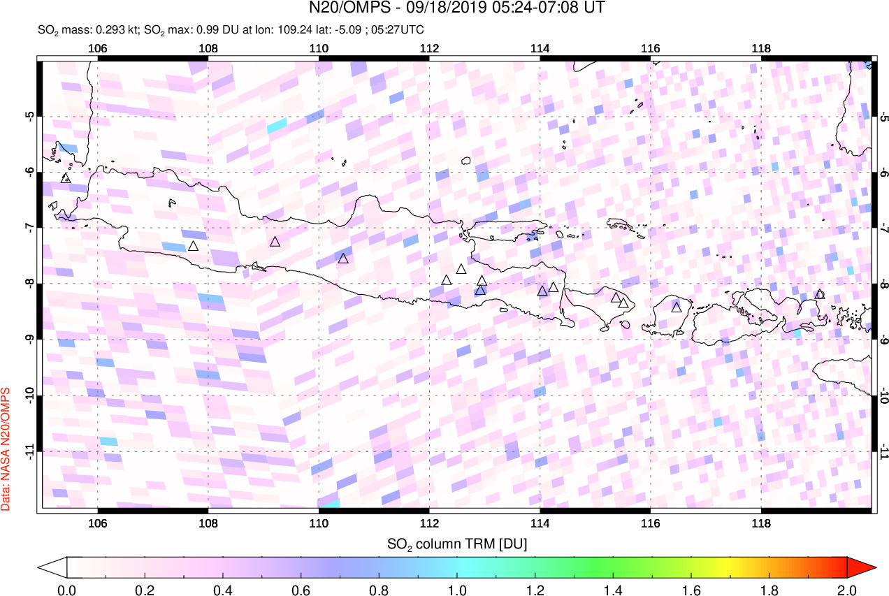 A sulfur dioxide image over Java, Indonesia on Sep 18, 2019.