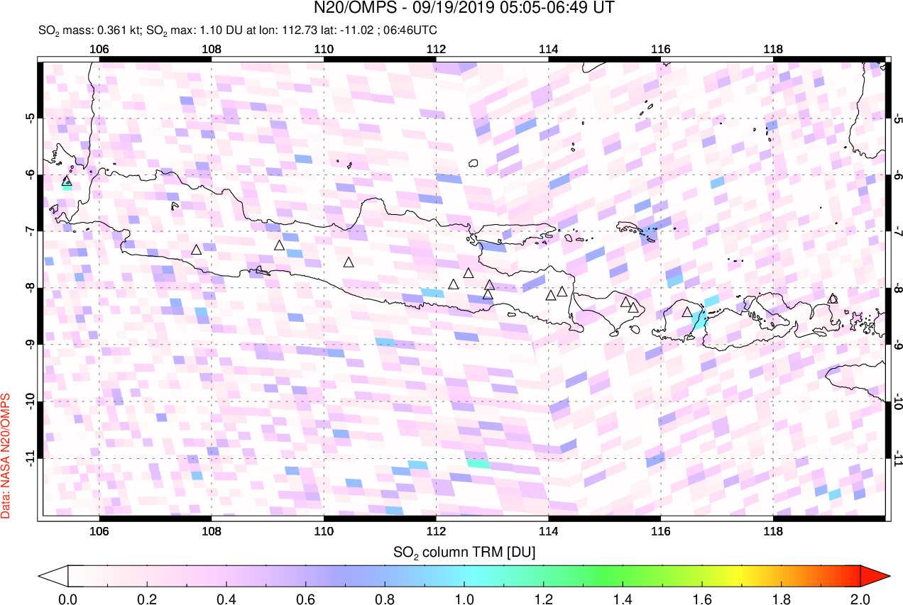 A sulfur dioxide image over Java, Indonesia on Sep 19, 2019.